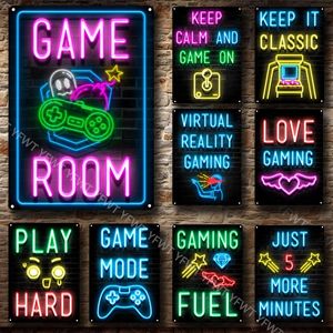 Keep Calm and Game on Neon Metal Painting English Proverbs Inspirational Quotes Play Room Kids Bedroom Decoration Poster Home Pub Game Studio Wall Decor 20x30 Woo