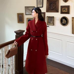 Kvinnors ull kvinnors blandningar röd hepburn stil ullrock faller vinter kvinnor vintage dubbel bröst överdimensionerad jacka kvinnlig elegant