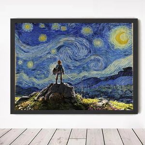 Canvas Painting The Legend of Zelda Poster Van Gogh Starry Night Pictures Japanskt animespel Väggkonst Vardagsrumsinredning Heminredning Ramlös