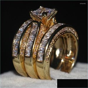 Eheringe Eheringe Niedliche weibliche große Zirkon-Ring-Set Kristall Silber Farbe Gelbgold Brautschmuck Versprechen Verlobung für Wom Dhzax