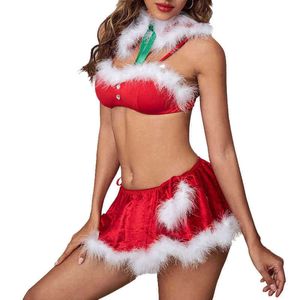 Stage Wear Womens Christmas Lingerie Set Feather Trimming Three-piece Club Roleplay Outfit Sleepwear Bra Mini Skirt Lace-up Hooded Capelet T220901