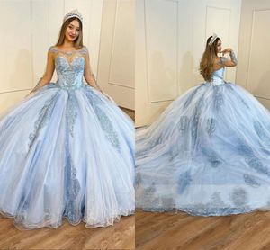 바하마 블루 퀸 네라 드레스 2023 곁들인 긴 소매 플로럴 아플리크 어깨 볼 가운 스위트 16 드레스 퍼피 파티 무도회 이브닝 가운