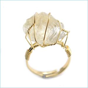 Pierścienie zespołowe pierścień z krętą drutu naturalny Druzy nieregularny cytrynowy kamień szlachetny Otwarty Pierścienie Prezent Party Biżuter