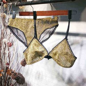 Bras Sets Wriufred Comfortable Bra Sets Temptation Wild Triangle Cup Underwear Gold Sliver Ultra thin Sexy Lingerie Sets T220907