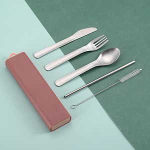 Portable Reusable Metal Travel Utensil Set 5Pcs Sainless Steel Knife Fork Spoon Drinking Straw and Cleaning Brush Kit with Case