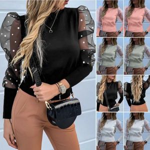 Bluzki damskie High Street Women Tiulle O-Neck Frill Mesh Pearl Beaded Lace Koronki Serie Puff Long Sleeve Club Tops S-2xl