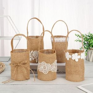 Storage Bags Vintage Linen Handle Burlap Flower Basket Girl Candy Gift Bag Rustic Wedding Ceremony Table Decor Home