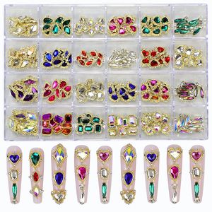 Nail Art Decorations Box Crystal Rhinestones Gem Gold Metal Alloy Heart Charms for Diy Diamond Luxury Accessorie