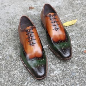 Big Size 13-15 Mens Wingtip Oxfords Shoes Genuine Leather Italian Wedding Men Dress Shoes Green&ampCamel Business Formal Shoes