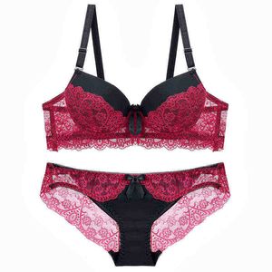 Bras Sets Sexy Women Lace Bras Set Push Up Underwear Thin Cup Bow Briefs Adjustable Straps Large Size Brassiere Lingerie Sets T220907