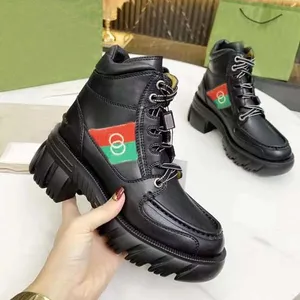 Lüks Tasarımcı Kadın Botlar Orijinal Deri Bal arısı Kalın Bottom Martin Boot Platform Orta Topuk Sonbahar ve Kış Ayakkabıları Boyut 35-41