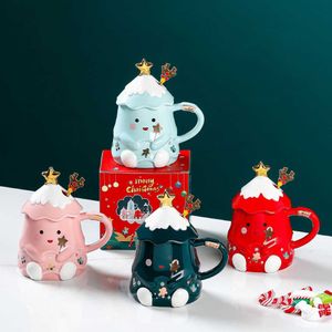 Mugs 400ml Cartoon Christmas Tree Mug with Spoon Lid Ceramic Water Coffee Milk Cup New Year Cute Child Gift Box Drinkware Y2210