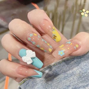 False Nails 24Pcs/Box French Long Flower Fake Bow Design Butterfly Full Cover Press On Detachable With Glue