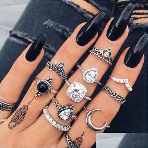 Bröllopsringar Bröllopsringar Gotiska för kvinnor Vintage Sier Hollow Alloy Diamond Carved Knuckle Ring Crown Shape Smycken Charm Set Gif Dhxgs