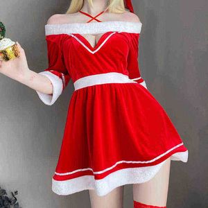 Sahne Giymek Kadınlar Noel Cosplay Seksi Lingeries Kış Kapalı Omuz İçi Kırmızı Elbise Kıyafetler Lady Noel Baba Şapka Hizmet Edin T220901
