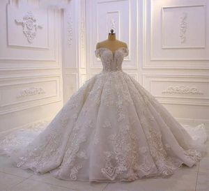 Sparkly Beaded Off Shoulder a-line Wedding Dress Luxury 3D Flowers Lace-up corset Appliqued Princess Vintage Arabic Bridal Gown