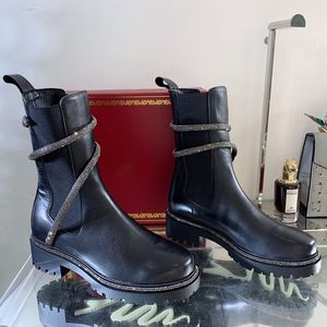 Top designer ReneCaovilla Half Boots Leather Shoes Knight Boots rhinestone Snake Strass Wraparound Low Heel Heavy Duty Women Luxury Designer Factory Footwear