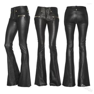 Women's Pants Women Punk PU Leather Ladies Vintage Hip Hop Zipper Streetwear Bandage Ruched Skinny Slim Fit Flared Trouser Plus Size