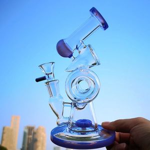 Unique Hookahs Double Recycler Glass Bongs Slitted Donut Perc Sidecar Smoking Pipe Thick Glass Water Pipes Colored Mouthpiece Dab Rigs 14MM Joint With Bowl