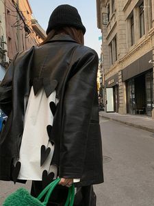 Women's Leather Korean Chic Jacket Women Backless Designer Loose Thin Streetwear Moto Female Autumn Outerwear Biker Coat 2022