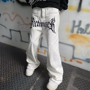 Men's Jeans 2022 Cool Design Leather Embroidery White Baggy Men Pants Y2K Fashion Streetwear Straight Loose Hip Hop Denim Trousers