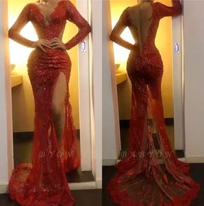 Red Sheer Sparkling V Neck Sequins High Split Mermaid Prom Dresses Long Sleeve Tulle Applique Sweep Train Formal Party Evening Gowns