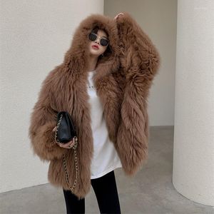 Women's Fur Winter High Quality Super Fluffy Furry Artifical Overcoat Temperament Loose Imitation Raccoon Hooded Coat Female