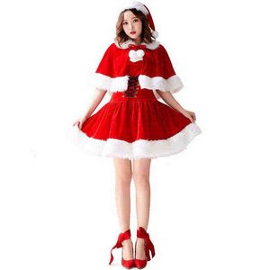 Scene Wear Red Velvet Christmas Dress with Xmas Shawl Hat Women Girl Fancy Dress Suit Cosplay Santa Claus Come Soe Up T220901