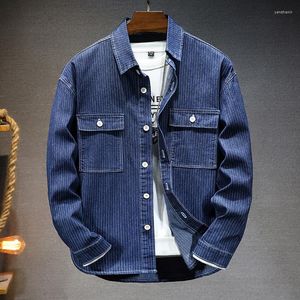 Jaquetas masculinas outono de manga longa camisa listrada de jeans de moda casual grande bolso de bolso clássico jeans jeans casaco azul preto