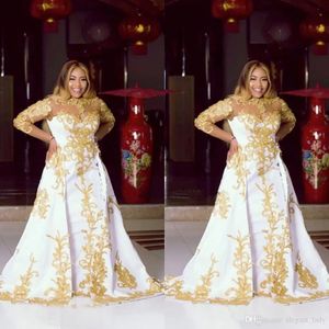 Wieczorne sukienki w rozmiarze z długim rękawem Sheer szyi złota błyszcząca koronkowa aplikacja Dubai arabska afrykańskie sukienki na bal maturalne