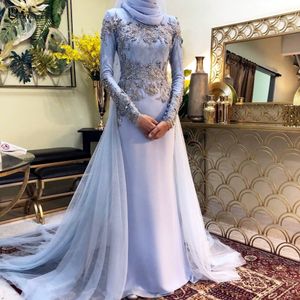 Elegant Lavender Muslim Evening Dresses With Hijab Long Sleeves Mermaid Formal Reception Gowns Lace Appliques Beaded Classic Arabic Dubai Islamic Prom Wear 2023