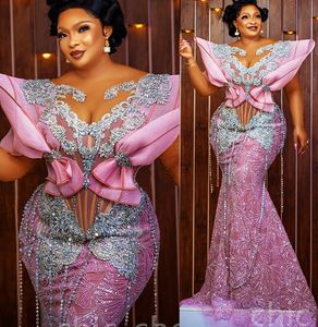 Arabic Aso Ebi Mermaid Pink Prom Dresses Beaded Crystals Lace Evening Formal Party Second Reception Birthday Engagement Gowns Dress ZJ670