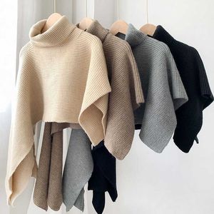 Women's Knits Tees Autumn Winter Turtleneck Sweater Knitted Capes Cloak Women Irregular Pullover Poncho Sweaters Designer Korean Clothes T221012