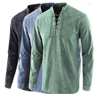 Camisas casuais masculinas Spring Autumn Men Medieval Figurino Retro Stand Collar Casa solta Camisa sólida Colo