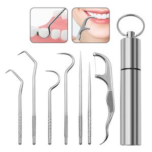 A palito de dente de a￧o inoxid￡vel 7pcs/conjunto de dentes de metal reutiliz￡vel com ferramentas de cozinha de dispensador de suporte