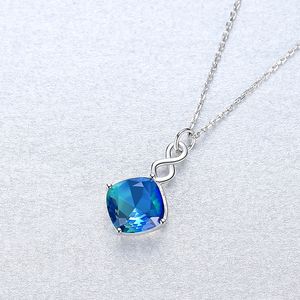 S925 silver pendant inset synthetic sapphire necklace wemen jewelry korean fashion luxury wedding party geometric necklace accessories gift