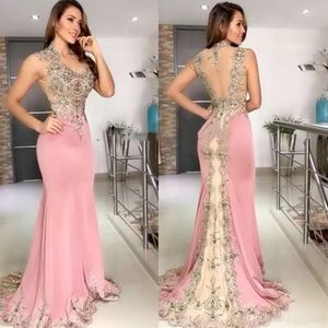 Sexy Cheap Pink Mermaid Evening Dresses Wear V Neck Lace Appliques Crystal Beaded Sleeveless Sheer Back Formal Prom Dress Party Gowns