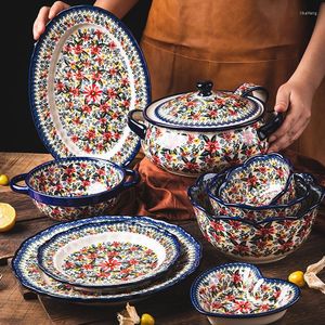 Dinnerware Sets Polish Style Ceramic Bowl Double Ear Soup Instant Noodles Handle Household Oven Microwave Kitchen Tableware