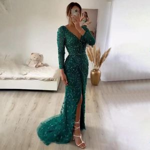 Party Dresses Serene Hill Green Mermaid Elegant V-ringade pärlor Långärmar Evening Luxury pärlor 2022 för kvinnor bröllop LA70499