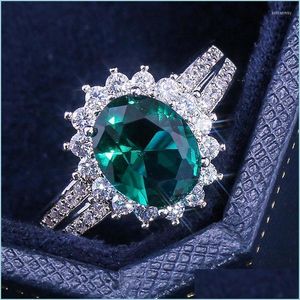 Обручальные кольца обручальные кольца Большой зеленый овальный кубический циркония для женщин блестящие кристаллы CZ Sier Color Pingage
