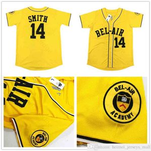 Maglia da baseball da uomo The Fresh Prince of Bel-Air Academy # 14 Will Smith Maglia da baseball gialla cucita a buon mercato