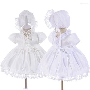 Mädchen Kleider Elfenbein Weiß Prinzessin Kleid Baby Taufe Spitze Satin Kleid Für Dusche Taufe Hut Mädchen Kleidung Set