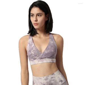 Completo da yoga Reggiseno sportivo da allenamento con scollo a V profondo sexy da donna Supporto medio Reggiseno da ballo posteriore incrociato Imbottito push-up Fitness Crop Top