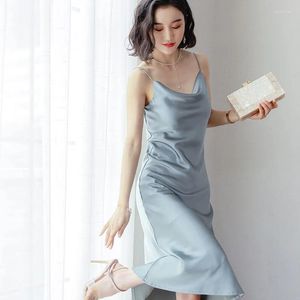 Casual Dresses Sexy V Neck Satin Maxi Summer Dress for Women 2022 Högkvalitativ Lady Spaghetti -remmar ärmlös backless Long Party