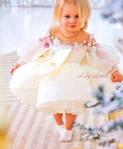 Sukienki dla dziewczynki biały kwiat duży łuk organza długi rękaw Mała suknia ślubna