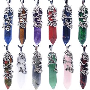 Flower Charm Nature Stone Hexagon Prism Pendants Amethyst Opal Quartz Bullet Crystal Healing Fashion Jewelry