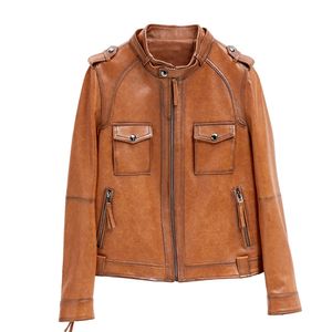 Fashion Street Womens Real Sheep Skin Leather Jacket Oil wax color Genuine Leather short Motorcycle Jackets