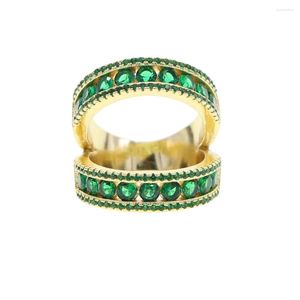 Anéis de casamento embrulhando duplo dourado verde cúbico zirconia anel de dedo completo para mulheres falsificar duas peças empilhando banda de noivado CZ