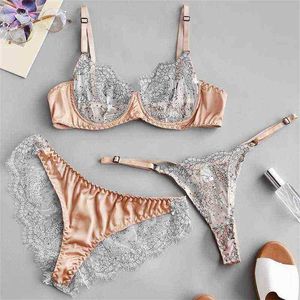 Bras Sets Women's Eyelashes Lace Stitching Sexy Underwear Underwire Bra and Panties Three-piece Thin Mesh See-Through Erotic Lingerie Set T220907
