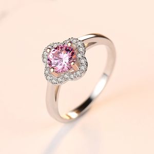 Novo Luxury Pink Gemstone Flowers S925 Anel de prata Mulheres Jóias Micro Conjunto de Zircão brilhante Acessórios requintados do anel
